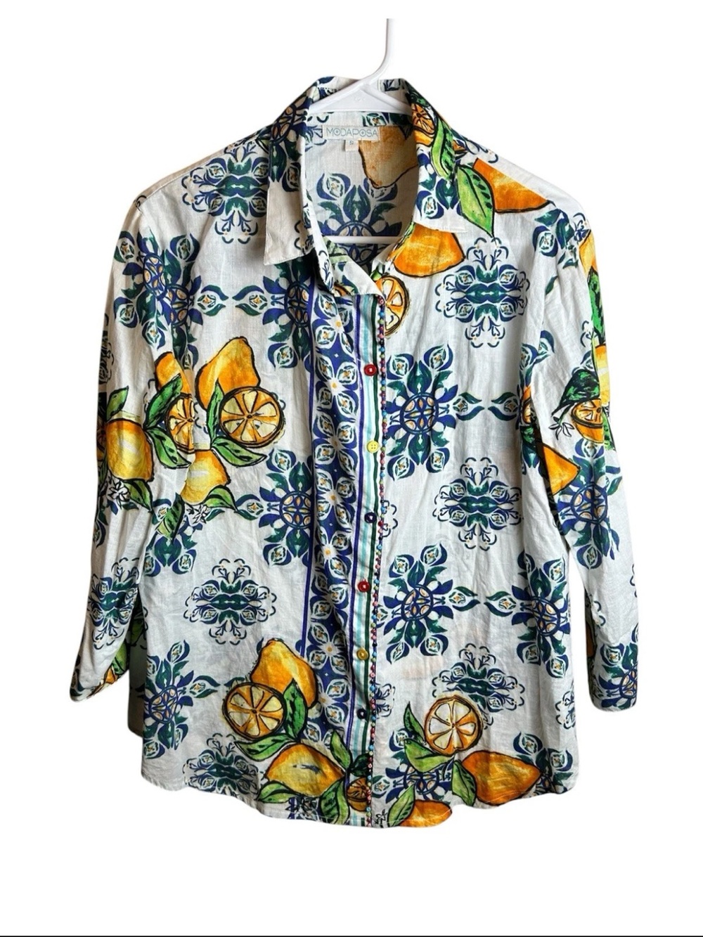 Moda Posa Mediterranean Lemon Tile Button Up Beaded Cotton Resort Wear Blouse S